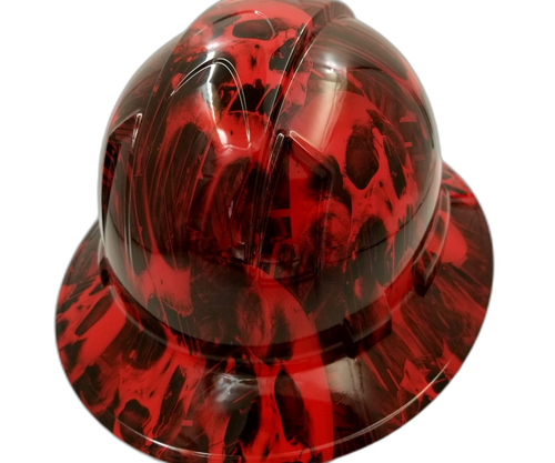 Red Melting Skull Wicked Custom Hydro Dipped Full Brim Hard Hat - Back View