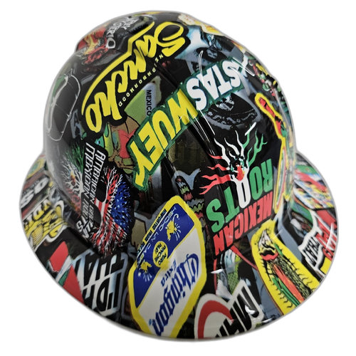 Mexican Extreme Sticker Bomb Custom Hydro Dipped Full Brim Hard Hat - Back View