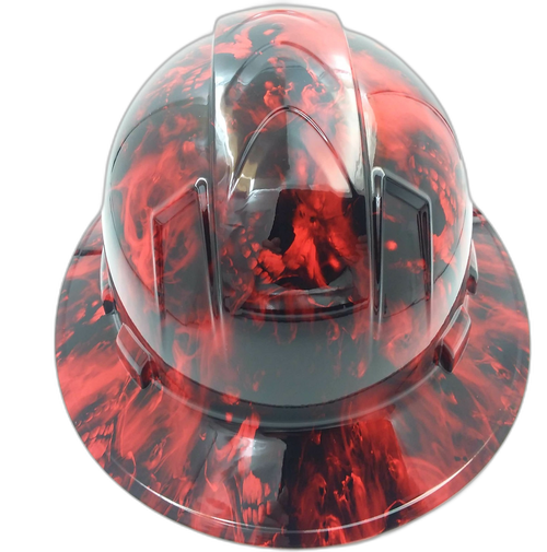 Red Hades Evil Skull Custom Hydro Dipped Full Brim Hard Hat - Back View
