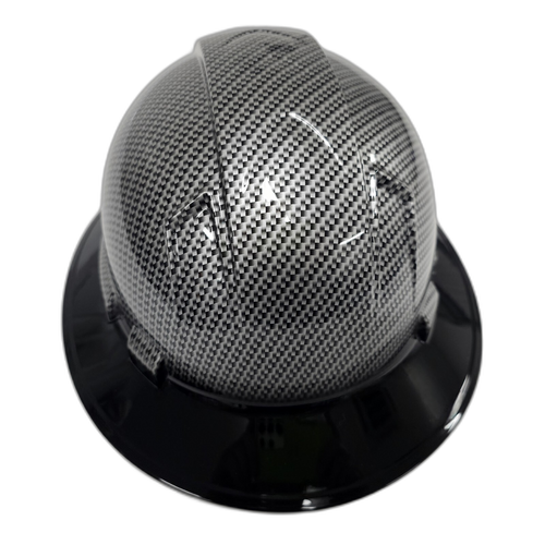 Blacked Out Silver Carbon Fiber Custom Hydro Dipped Full Brim Hard Hat - Back View