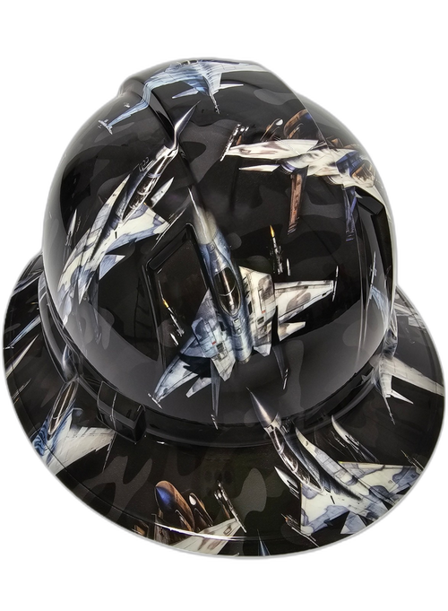 Urban Camo Fighter Jets Custom Hydro Dipped Full Brim Hard Hat - Back View