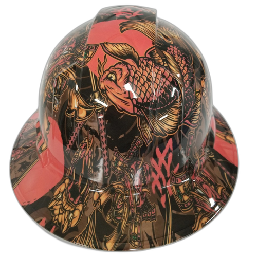 Japanese Foo Dog Koi Fish Custom Hydro Dipped Full Brim Hard Hat - Back View