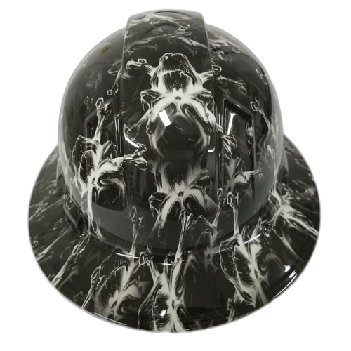 Black and white skulls Custom Hydro Dipped Full Brim Hard Hat - Back View