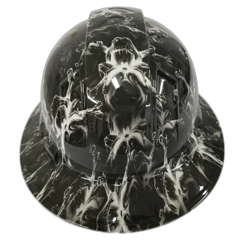 Ghostly White Skulls on Black hard hat back view