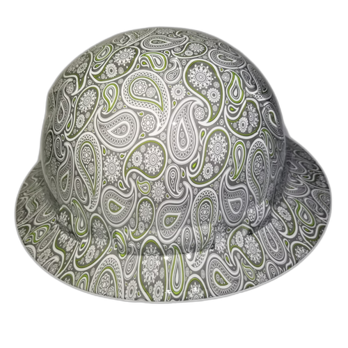 Green Pinstripe Paisleys Custom Hydro Dipped Full Brim Hard Hat - Back View