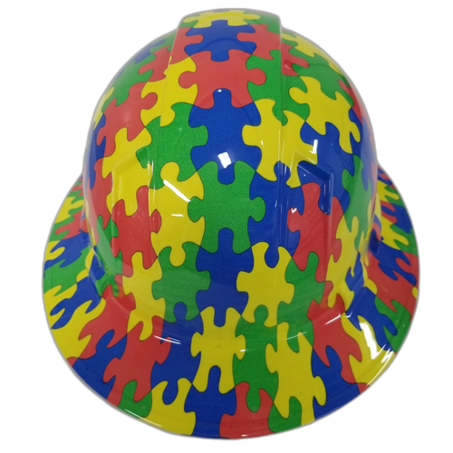 Autism Awareness Puzzle Pieces Custom Hydro Dipped Full Brim Hard Hat - Back View