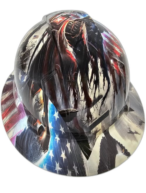 American Grim Reaper USA Flag Waving Custom Hydro Dipped Full Brim Hard Hat - Back View