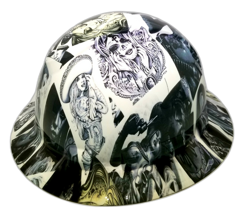 Viva Mi Raza Chicano Tattoos Custom Hydro Dipped Full Brim Hard Hat - Back View