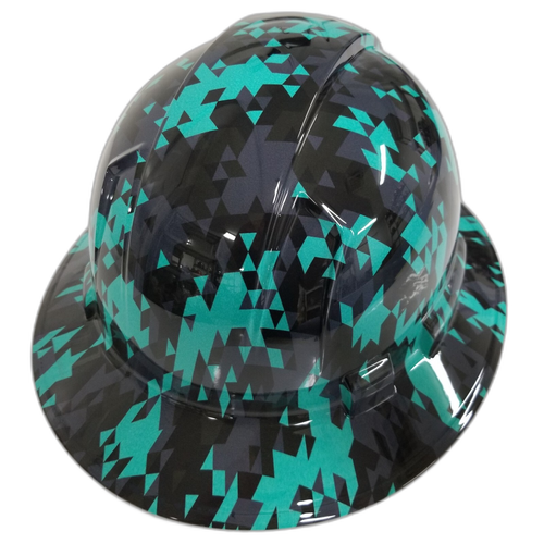 Turquoise Teal Abstract Tactical Camo Custom Hydro Dipped Full Brim Hard Hat - Back View