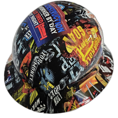 Construction Worker Sticker Bomb Custom Hydro Dipped Full Brim Hard Hat - Back View