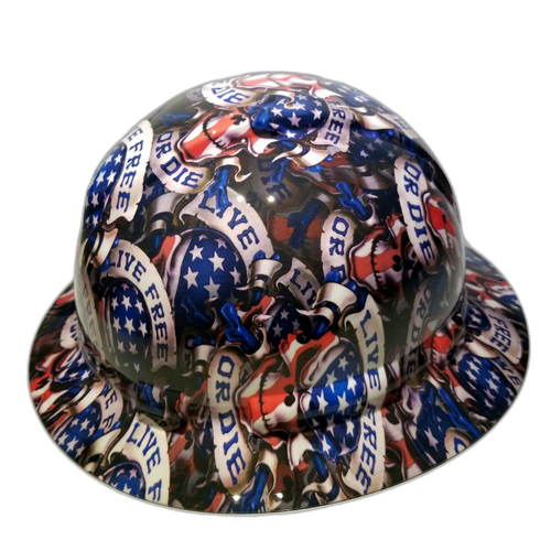 Live Free Or Die USA America Custom Hydro Dipped Full Brim Hard Hat - Back View