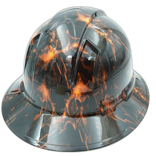 Dark Raiser Skulls Hi Vis Orange Custom Hydro Dipped Full Brim Hard Hat - Back View