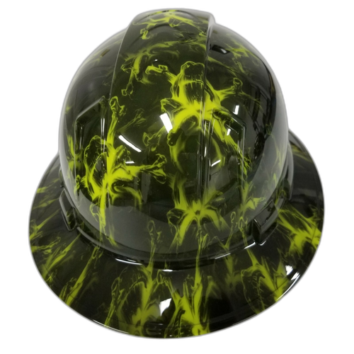 Black And Hi Vis Green Skull Custom Hydro Dipped Full Brim Hard Hat - Back View