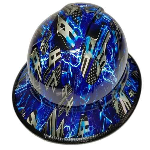 Blue Line Ice Skulls Custom Hydro Dipped Full Brim Hard Hat - Back View