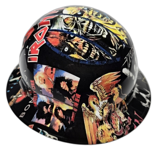 Heavy Metal Sticker Bomb Custom Hydro Dipped Full Brim Hard Hat - Back View