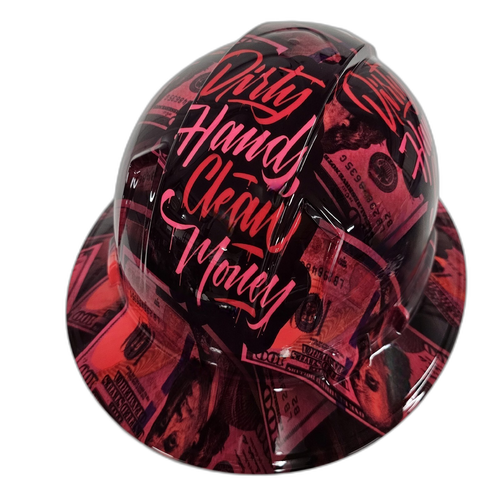 Hot Pink Dirty Hands Clean Money Women Custom Hydro Dipped Full Brim Hard Hat - Back View
