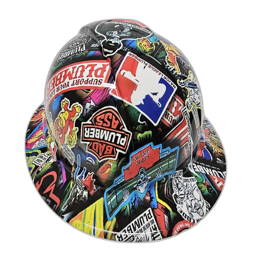Plumbers Sticker Bomb Custom Hydro Dipped Full Brim Hard Hat - Back View