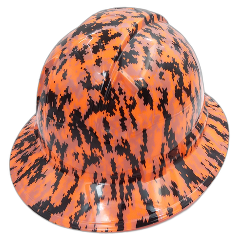 Digital Orange Camo Custom Hydro Dipped Full Brim Hard Hat - Back View