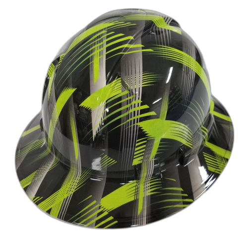 Lime Abstract Urban Camo Custom Hydro Dipped Full Brim Hard Hat - Back View