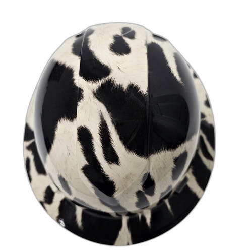 Black And White Cow Hide Custom Hydro Dipped Full Brim Hard Hat - Back View