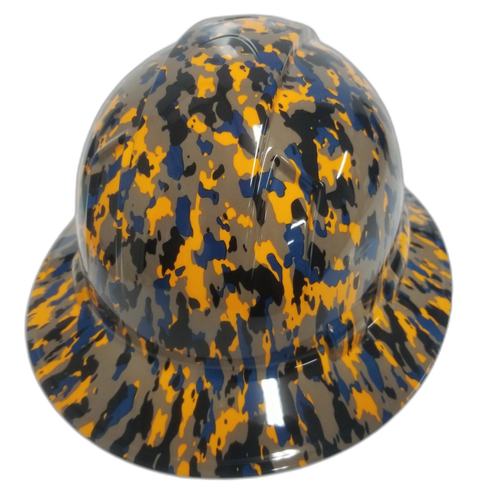 Orange Black And Blue Digital Camo Custom Hydro Dipped Full Brim Hard Hat - Back View
