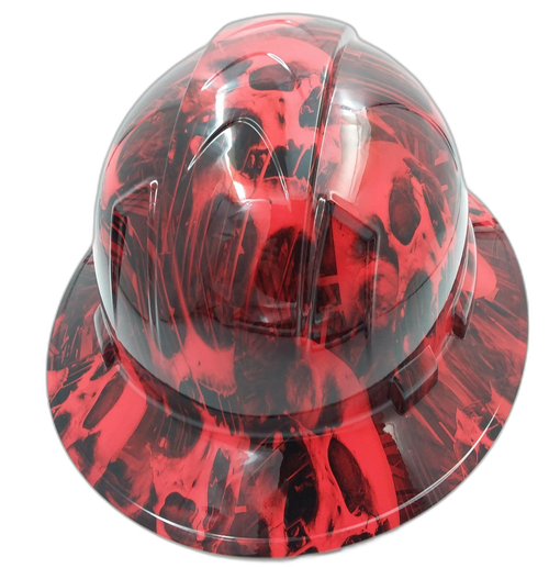 Red Melting Skull Evil Custom Hydro Dipped Full Brim Hard Hat - Back View