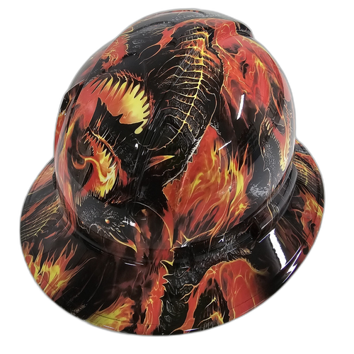 Fire Breathing Dragon Custom Hydro Dipped Full Brim Hard Hat - Back View