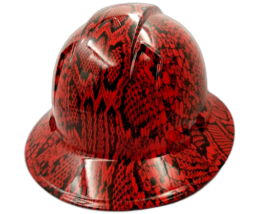 Red Snakeskin extreme snake Custom Hydro Dipped Full Brim Hard Hat - Back View