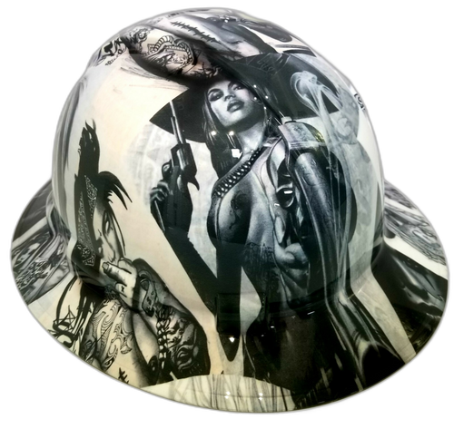 Chicano Girls Lowrider Art Custom Hydro Dipped Full Brim Hard Hat - Back View