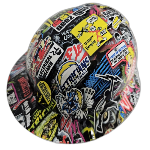 Electrician Extreme Sticker Bomb Custom Hydro Dipped Full Brim Hard Hat - Top View