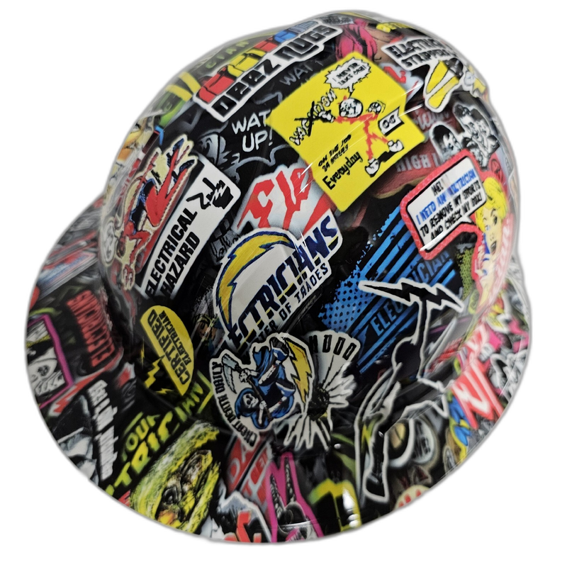 Electrician Trade Sticker Bomb hard hat top view