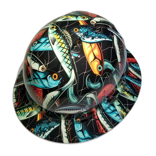 Big Bass Fishing Lures Custom Hydro Dipped Full Brim Hard Hat - Top View