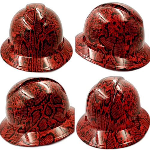 Red Snakeskin extreme snake Custom Hydro Dipped Full Brim Hard Hat - Top View