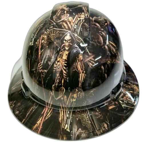 Steampunk Grim Reaper Custom Hydro Dipped Full Brim Hard Hat - Top View