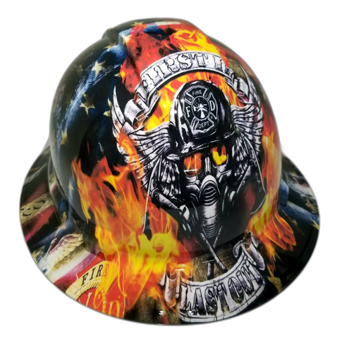 Firefighter First In Last Out Custom Hydro Dipped Full Brim Hard Hat - Top View