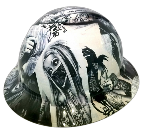 Chicano Girls Lowrider Art Custom Hydro Dipped Full Brim Hard Hat - Top View