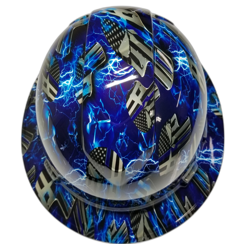 Blue Line Ice Skulls Blue Lightning Custom Hydro Dipped Full Brim Hard Hat - Top View