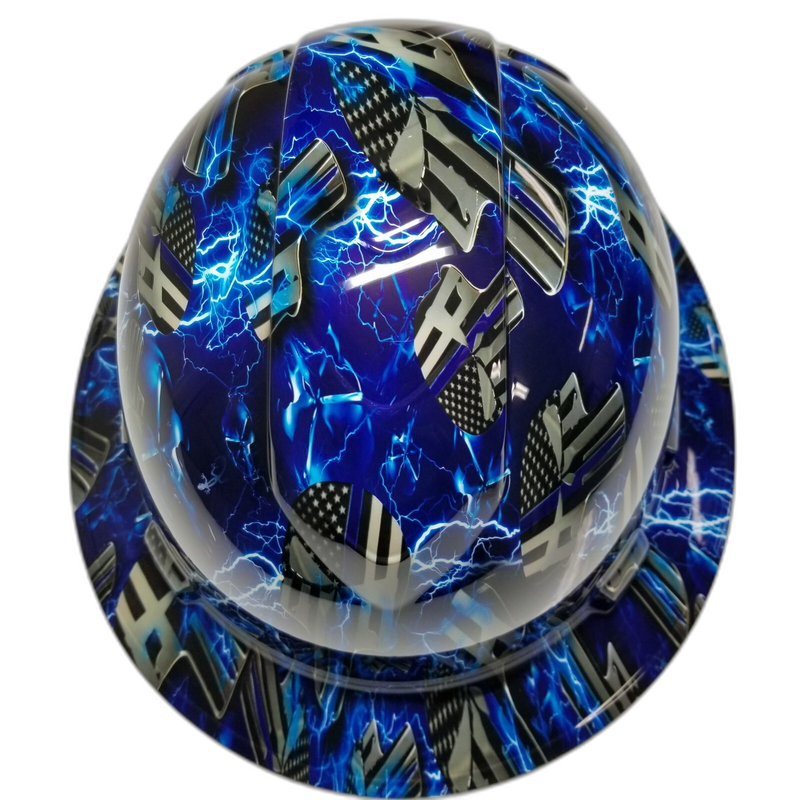 Thin Blue Line Flag Lightning hard hat top view