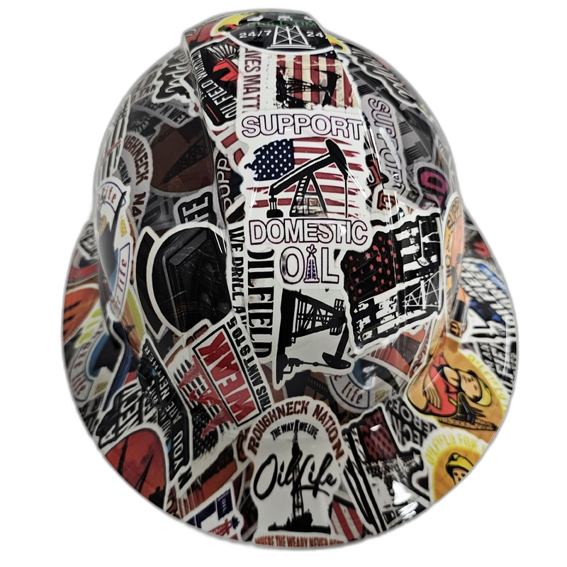 Oil Field Roughneck Sticker Bomb hard hat top view
