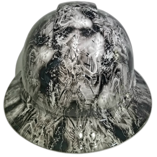 Pirate Skulls From The Grave Custom Hydro Dipped Full Brim Hard Hat - Top View