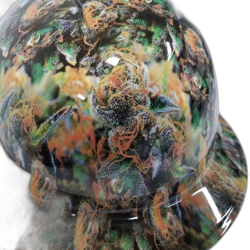 420 WEED HEAD realistic kush Custom Hydro Dipped Full Brim Hard Hat - Top View