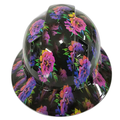 Neon Flowers Great Color Custom Hydro Dipped Full Brim Hard Hat - Back View