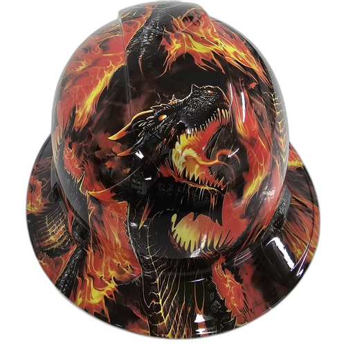 Fire Breathing Dragon Custom Hydro Dipped Full Brim Hard Hat - Top View