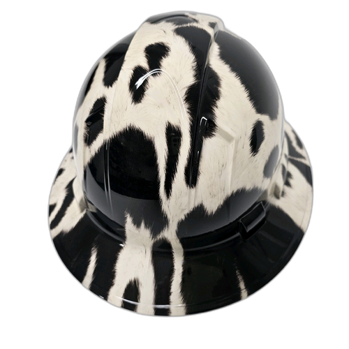 Black And White Cow Hide Custom Hydro Dipped Full Brim Hard Hat - Top View