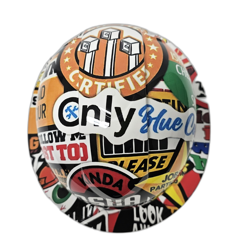 Construction Sticker Bomb Custom Hydro Dipped Full Brim Hard Hat - Top View