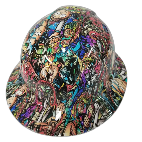 Adult Cartoon Sticker Bomb Custom Hydro Dipped Full Brim Hard Hat - Top View