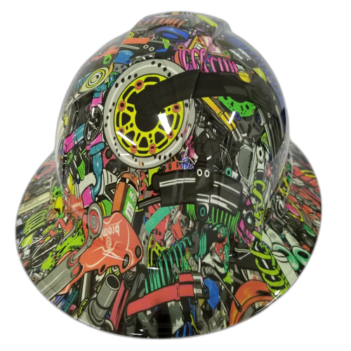 Tuner Sticker Bomb Turbo Nos Custom Hydro Dipped Full Brim Hard Hat - Top View