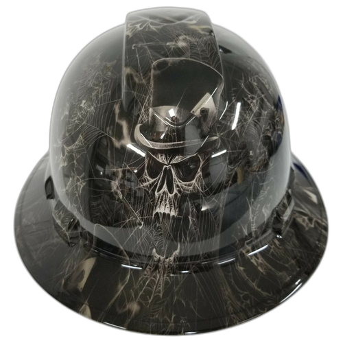 Top Hat Spider Web Skulls Custom Hydro Dipped Full Brim Hard Hat - Top View