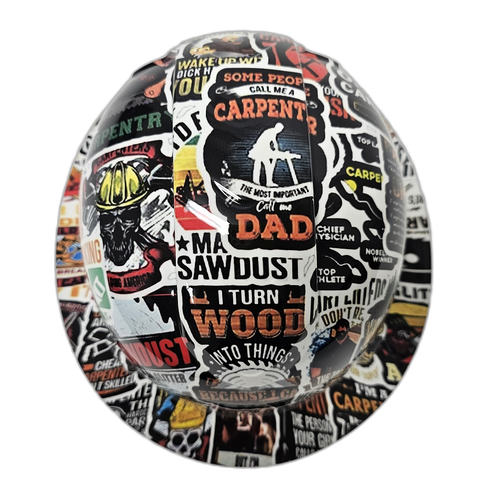 Carpenter Sticker Bomb Man Glitter Custom Hydro Dipped Full Brim Hard Hat - Top View