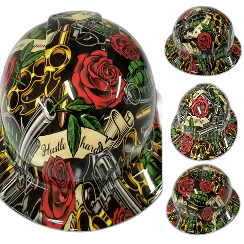 Hustle Hard Knuckles Roses Custom Hydro Dipped Full Brim Hard Hat - Top View